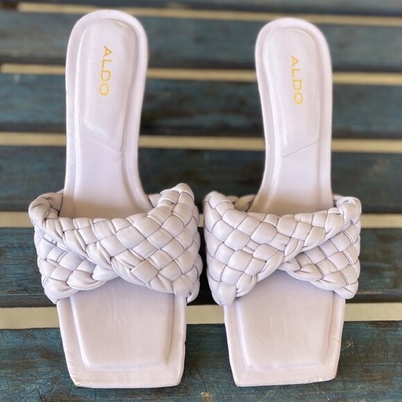 Aldo Women Mules PU Leather Lilac Braided Square Toe Slip-On 8.5 Kitten Heel - Picture 4 of 14
